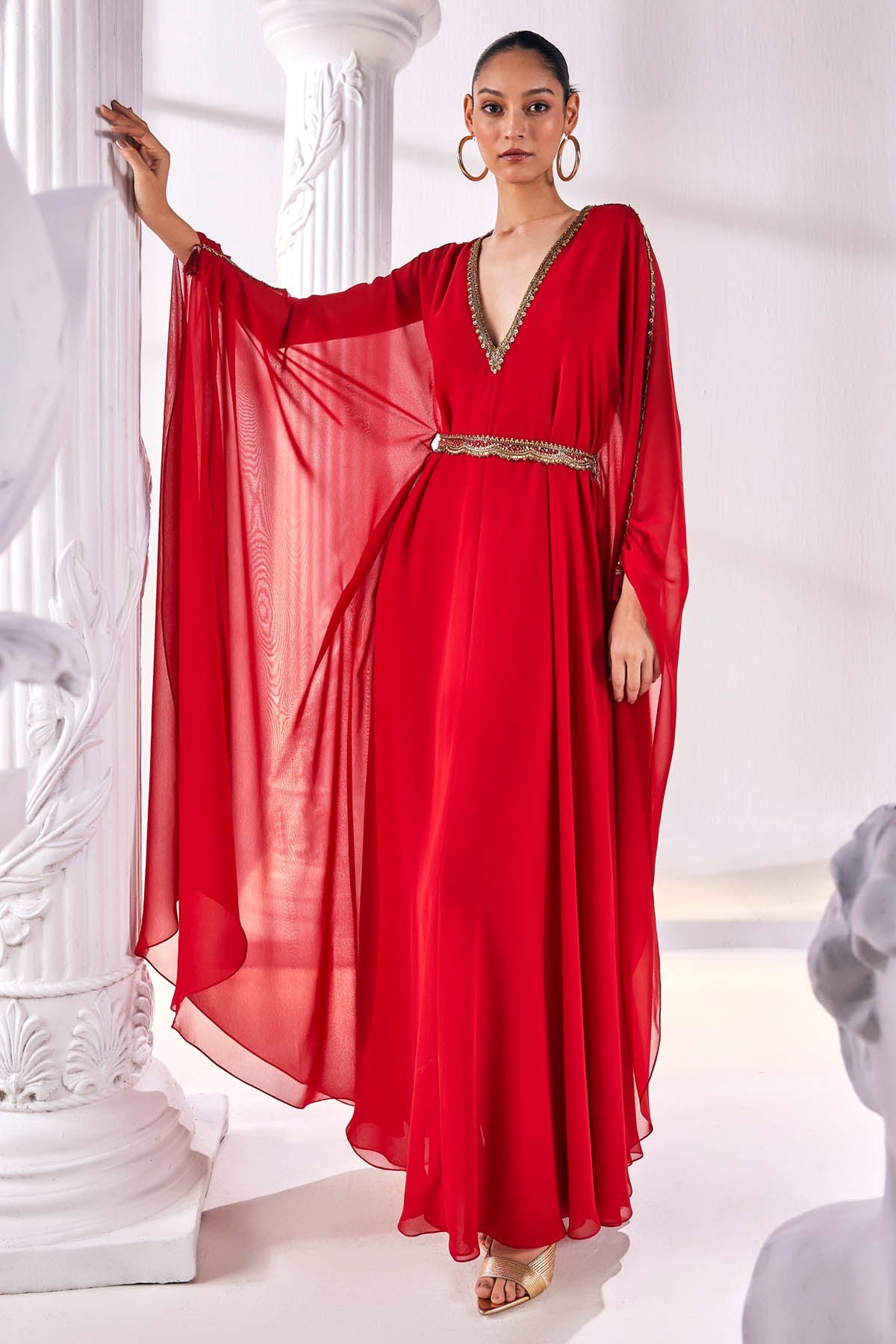 Buy Red Georgette Kaftan & Belt by Mandira Wirk